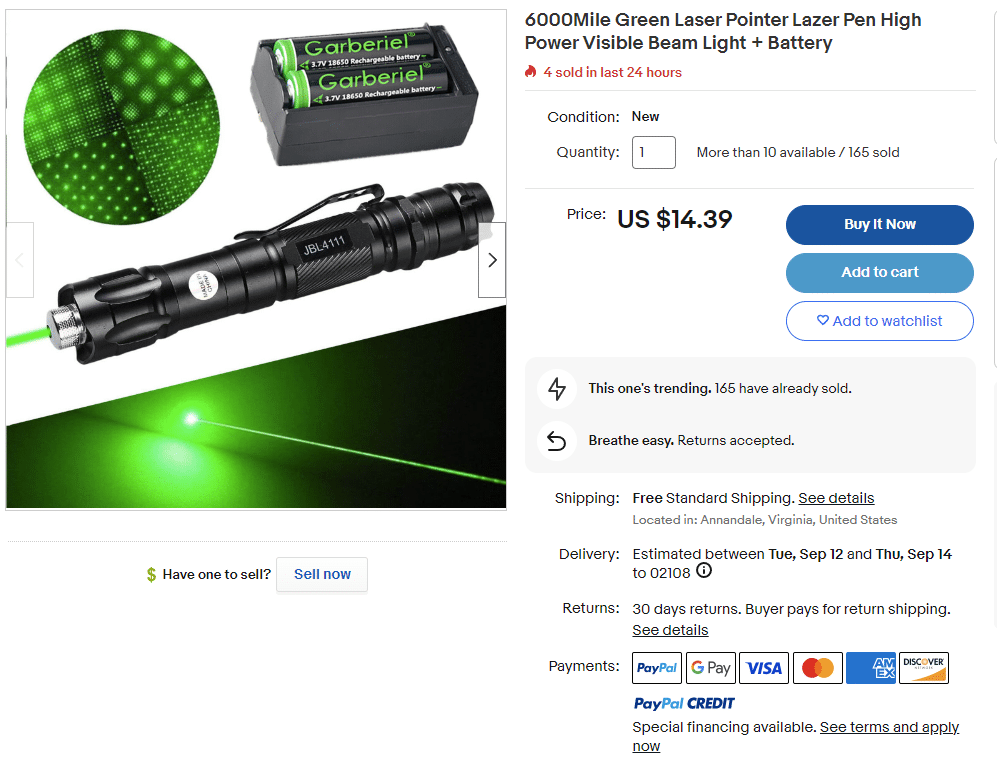 screenshot of laser pointer for sale on eBay