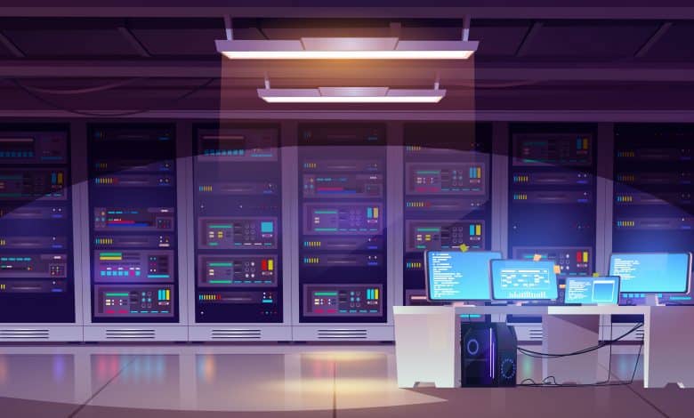 Data center room with server racks and computer