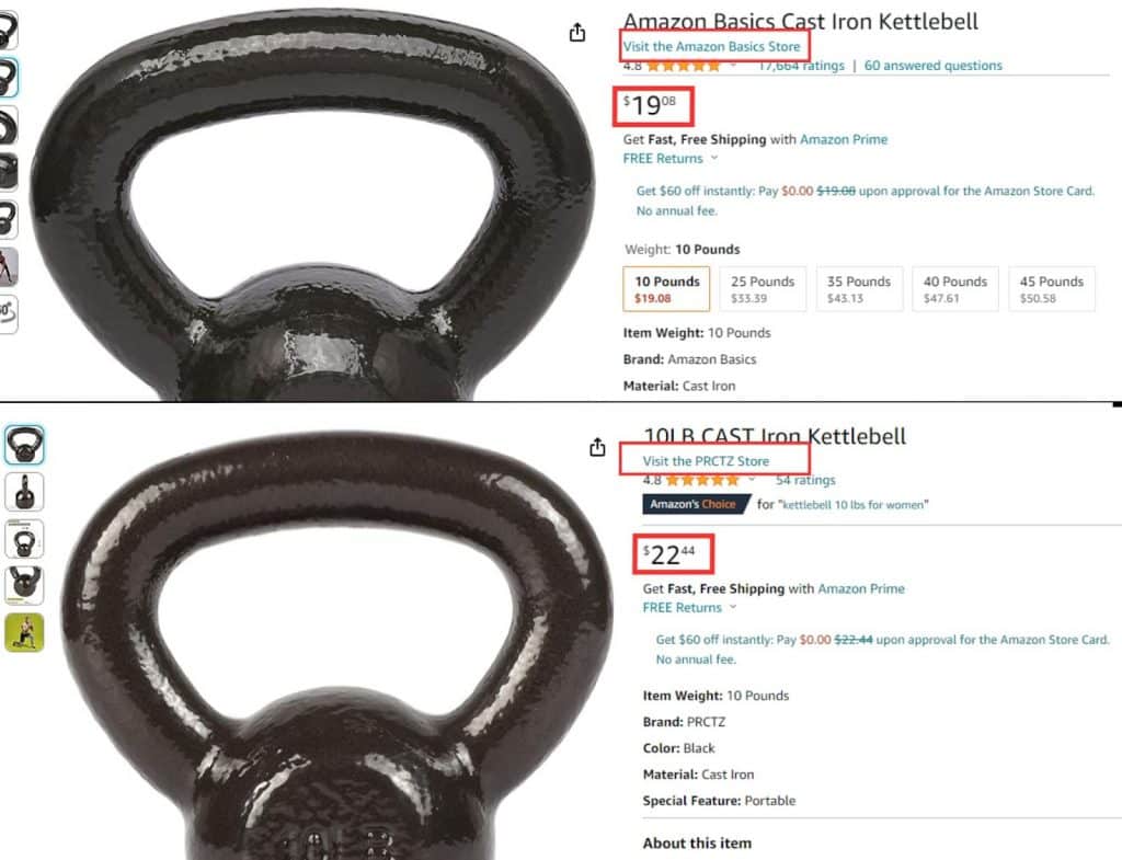 Photo comparison of a private label and Amazon selling cast iron barbells