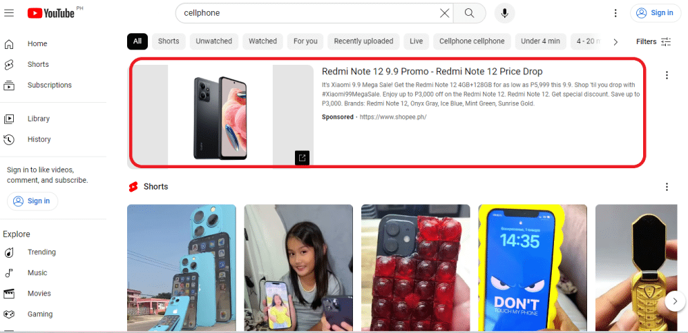 Advertisement of a cellphone on YouTube's homepage
