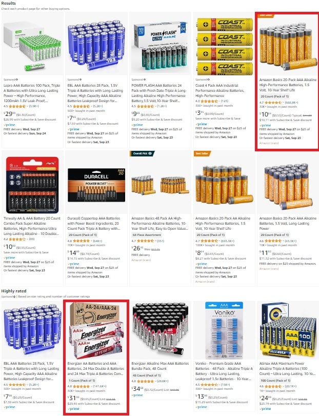 product ranking of Amazon Basics vs energizer in product search