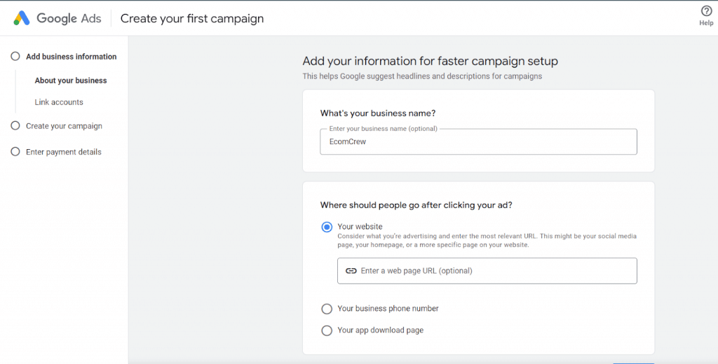 Step one to setting up a Google ad campaign