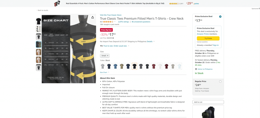 screenshot of a size chart on an Amazon listing.