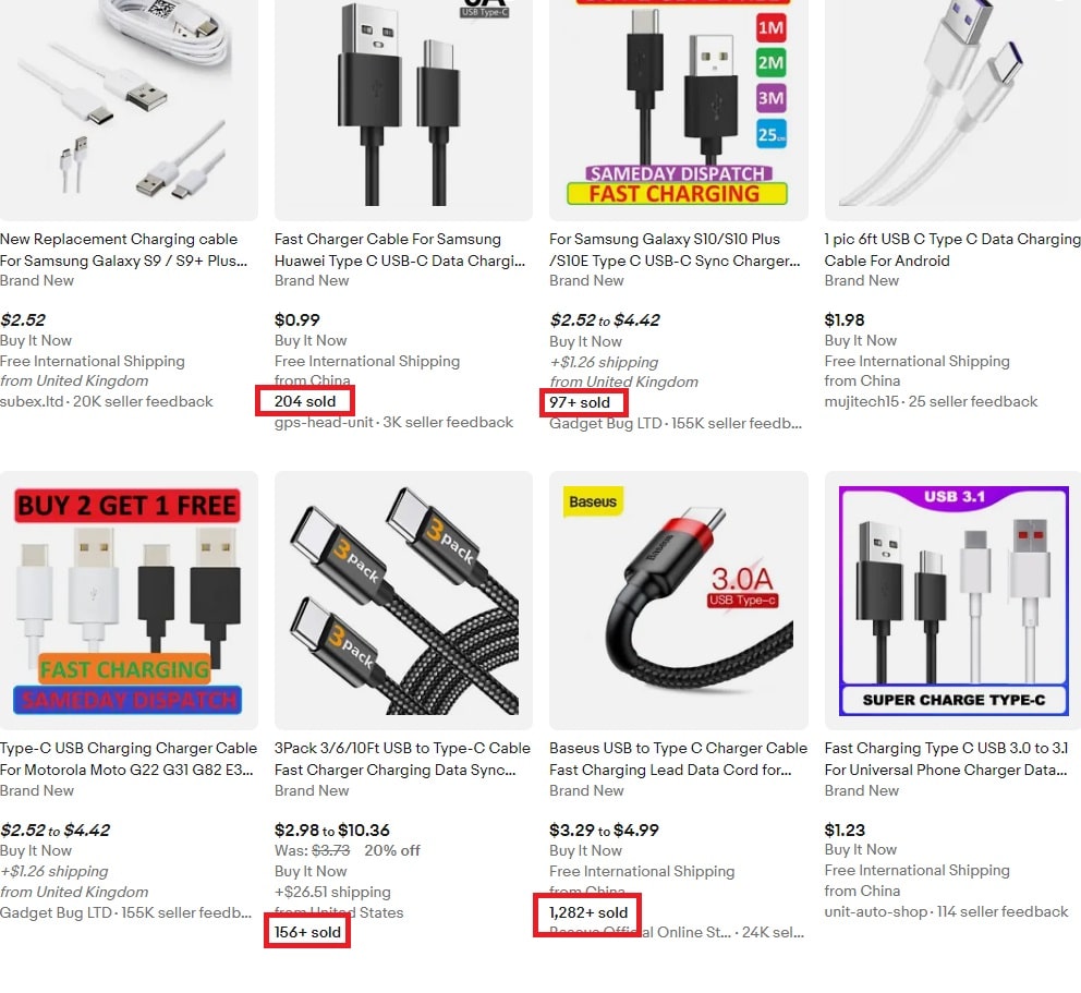 screenshot of different charging cables sold on eBay