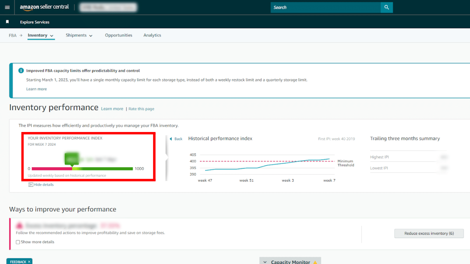 Screenshot of a business' Inventory Performance Index