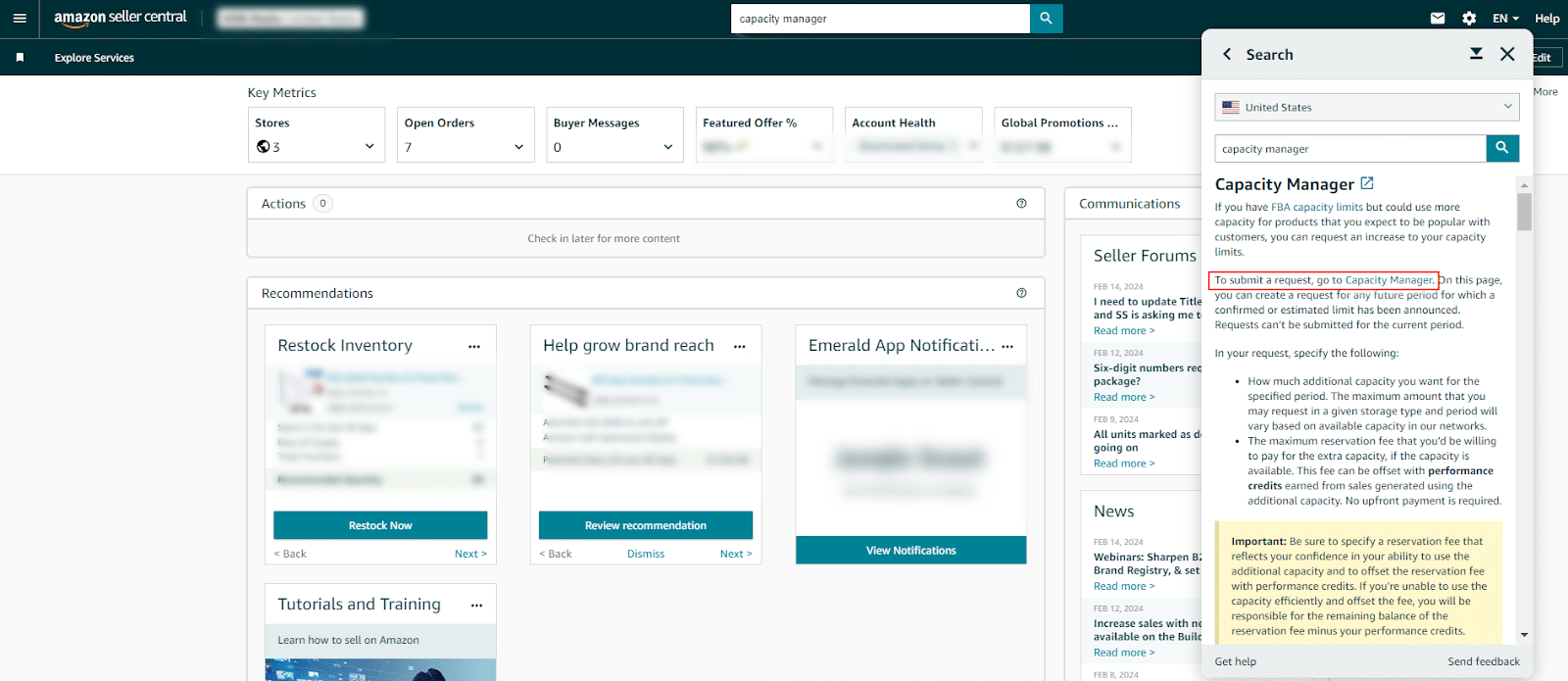 How to find Capacity Manager on Seller Central.