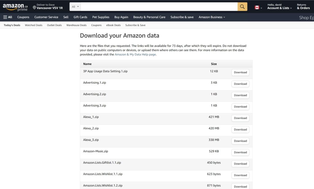 amazon personal data page