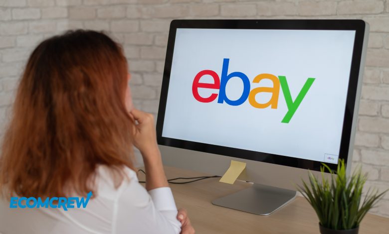 Image of a woman sitting down and looking at her computer screen that has the eBay logo displayed.