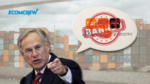 Image of Governor Greg Abbott pointing into the camera, a speech bubble to his right showing companies and products he has banned from Texas employees, with a background of a shipping yard.