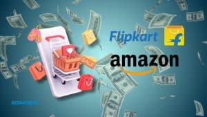 Image featuring Flipkart and Amazon logos with discount carts and shopping bags.