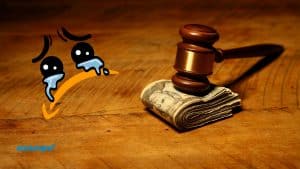 Image of money on a wooden table with a gavel weighing it dow; Amazon check logo to the left with animated crying eyes.