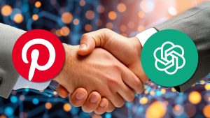 Image of two businessmen shaking hands; one hand has the Pinterest logo over it; the other hand has the OpenAI logo over it.