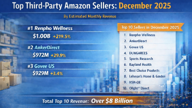 Graphic image of Amazon's top third-party sellers for December 2025 based on revenue growth.