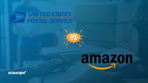 Image featuring the USPS logo and Amazon logo with a yellow "vs" icon on the middle.