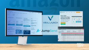 Digital illustration showing Amazon Seller Central dashboard absorbing multiple third-party seller tool interfaces like keyword research, PPC, and profit analytics.