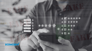Image of a man on his phone leaving a review on a product; transparent fake Amazon review samples over the image; EcomCrew logo on the bottom left side.