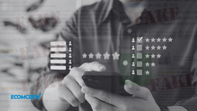 Image of a man on his phone leaving a review on a product; transparent fake Amazon review samples over the image; EcomCrew logo on the bottom left side.