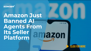 Article cover image with title in white text "Amazon Just Banned AI Agents From Its Seller Platform"; mobile with Amazon logo on white screen.