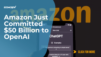 Article cover image featuring article title "Amazon Just Committed $50 Billion to OpenAI;" amazon logo with mobile phone opened to ChatGPT app.