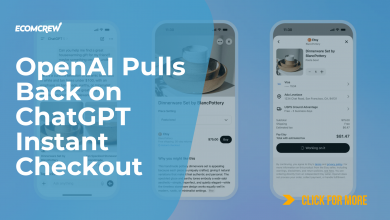 Article cover image featuring article title OpenAI Pulls Back on ChatGPT Instant Checkout written in white text over three mobile phones opened to ChatGPT's instant checkout.