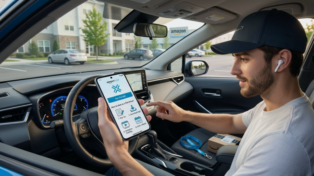 Image of a man in his car signing up for an Amazon Flex driver account. 