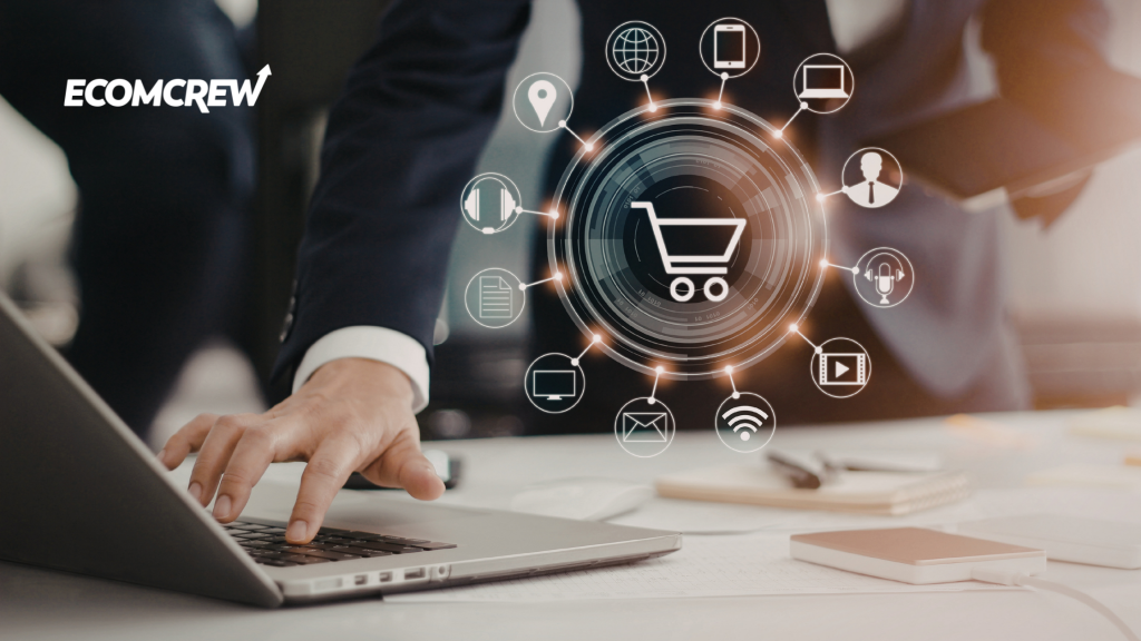 Image of a man in a suit pressing a key on a laptop; an image of a cart with shopping options projected on top.
