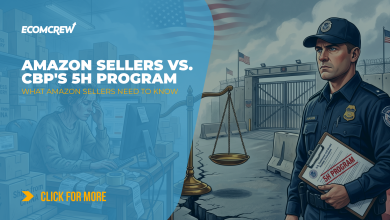 A dramatic split-scene illustration: on the left, a bustling e-commerce warehouse filled with cardboard boxes, shipping labels, and a seller stressed at a computer surrounded by stacks of packages labeled "Ships from China"; on the right, a stern U.S. Customs and Border Protection officer in uniform standing before a fortified border checkpoint, holding a clipboard with "5H Program" stamped in bold red.