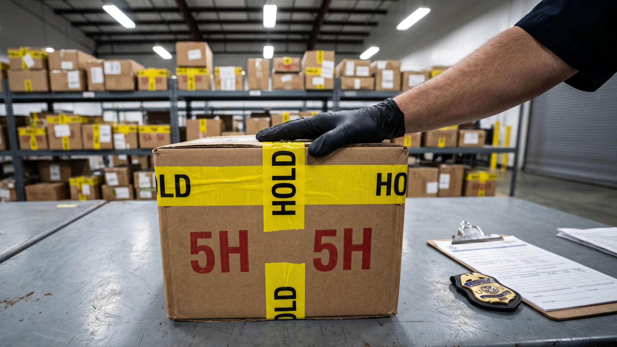 A close-up editorial illustration of a cardboard shipping box sitting on a gray customs inspection table, wrapped in bright yellow CHP 5H hold "HOLD" tape and stamped with a bold red "5H" mark.