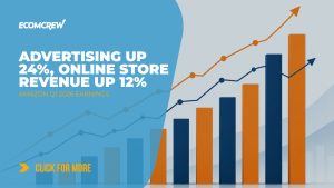 Minimalist bar chart and line graph illustration in orange and dark blue showing upward trending revenue growth metrics, representing Amazon Q1 2026 earnings results.