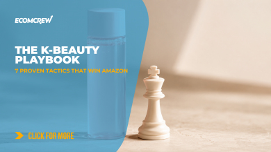 A Korean skincare bottle beside a chess king on a cream surface, illustrating the strategic playbook behind K-beauty's Amazon dominance.