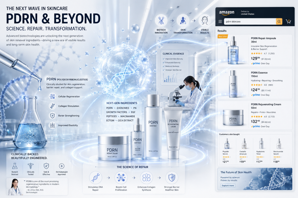 Illustration showing PDRN's journey from medical laboratory to Amazon ecommerce listing, representing the broader trend of clinical ingredients entering mainstream skincare.