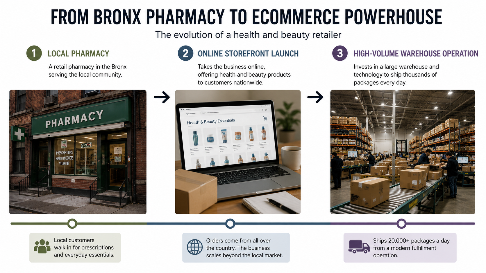 Three-stage timeline showing Pharmapacks’ evolution from a small Bronx pharmacy to an online health and beauty storefront, and finally to a large ecommerce warehouse shipping 20,000+ packages daily.