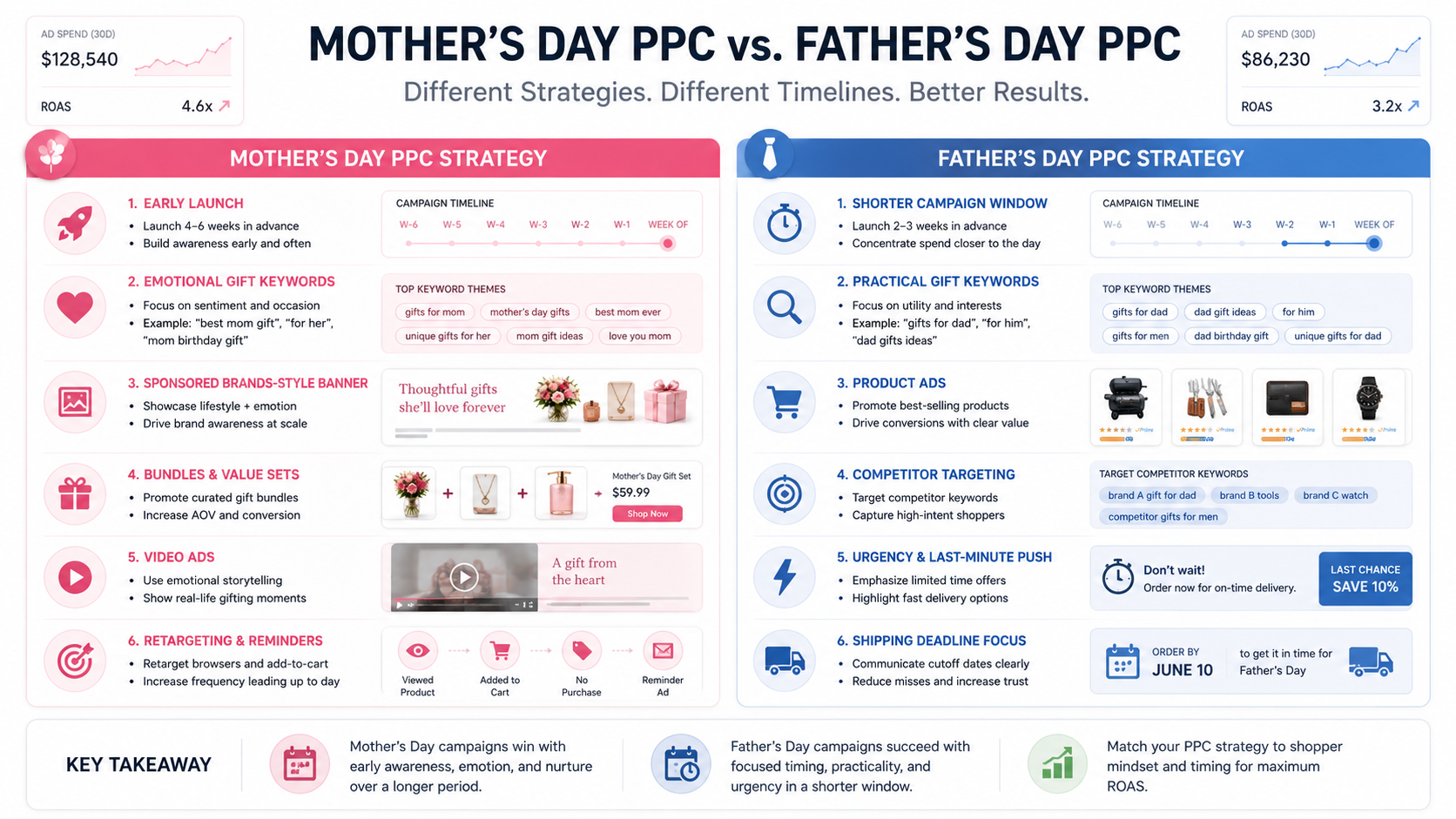 Amazon PPC campaign structure comparison for Mother’s Day and Father’s Day advertising strategies.