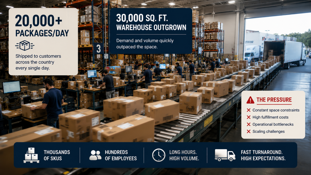Busy fulfillment warehouse with conveyor belts and thousands of outgoing parcels, illustrating Pharmapacks’ rapid scaling pressure.