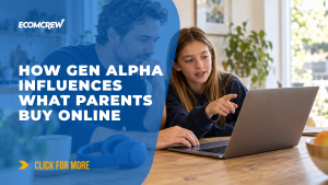 Parent and child shopping together on a laptop, with blue headphones on the table.
