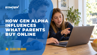 Parent and child shopping together on a laptop, with blue headphones on the table.