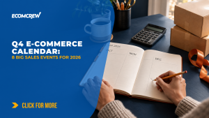 E-commerce seller planning Q4 promotions with a holiday calendar, shipping boxes, and calculator.
