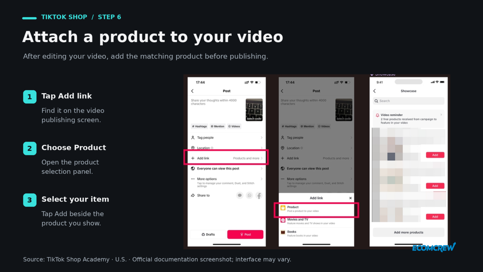 Three TikTok screens showing Add link, Product, and the Add button beside a selected item