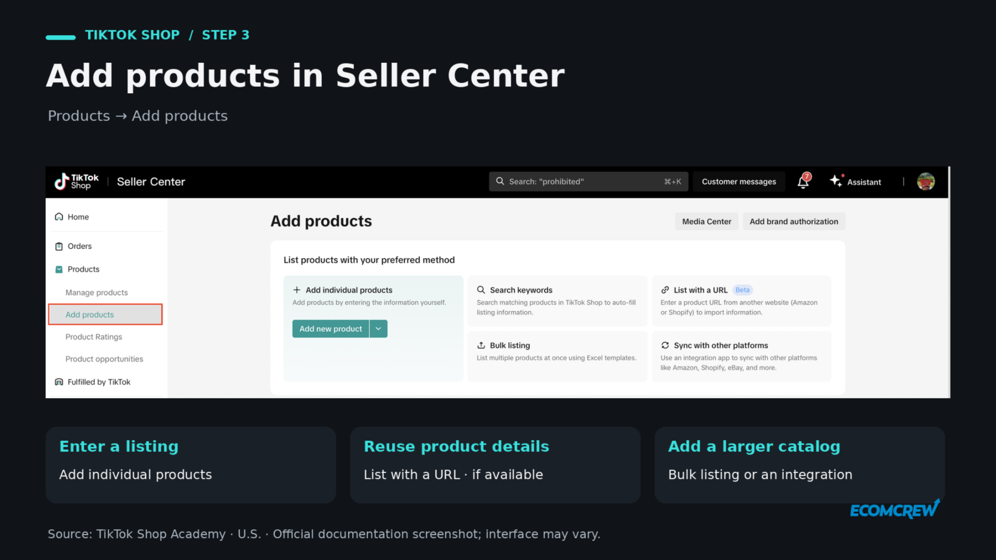 Seller Center Add products screen showing individual listing, keyword search, URL import, bulk listing, and platform integrations.