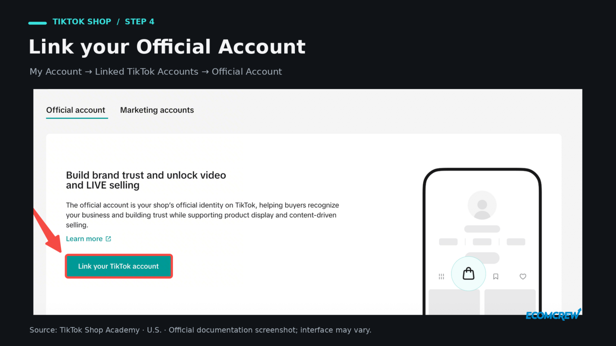 Official account tab with the Link your TikTok account button highlighted.