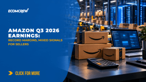 Amazon shipping boxes, a calculator, and a laptop in front of warehouse shelves and cloud servers, illustrating Amazon’s Q3 2026 earnings.