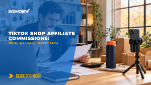 Online seller reviewing campaign costs beside a phone, product samples, and a calculator.